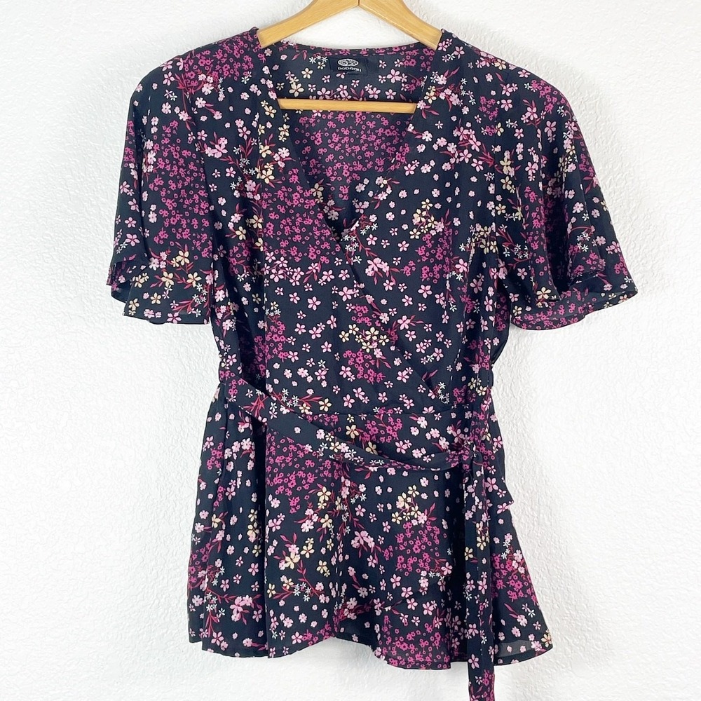 Bobeau Women's Black Pink Muddy Floral Peplum Top Size S Tie Waist V Neck Flowy